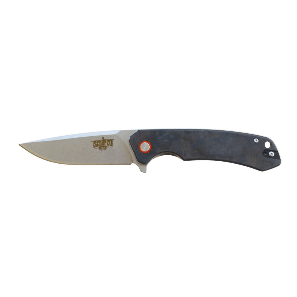 SCORPCO Folding Knife Hunting Survival Camping D2 Steel Flipper Carbon Fiber Grey