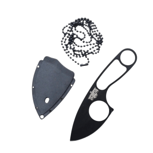 Neck Knife Full Tang 440C Stainless Steel Sharp ABS Sheath Dog Tag Skinning BLACK SBBC